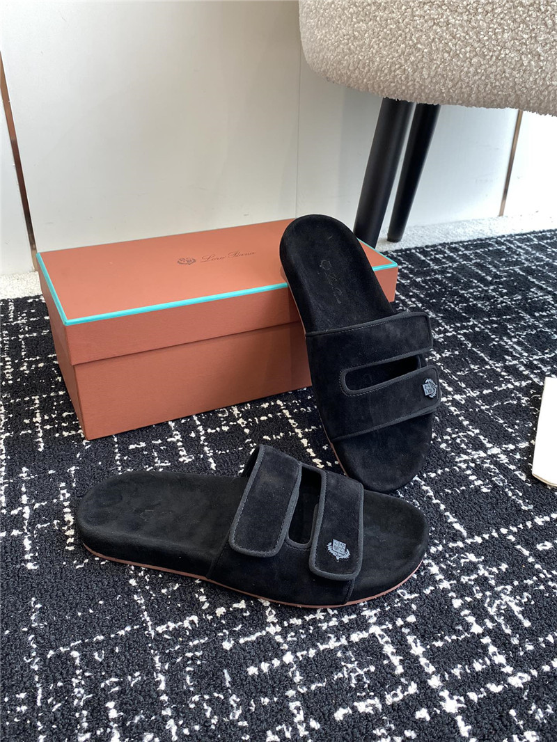 Loro Piana Waikiki Black Velcro Strap Sandals