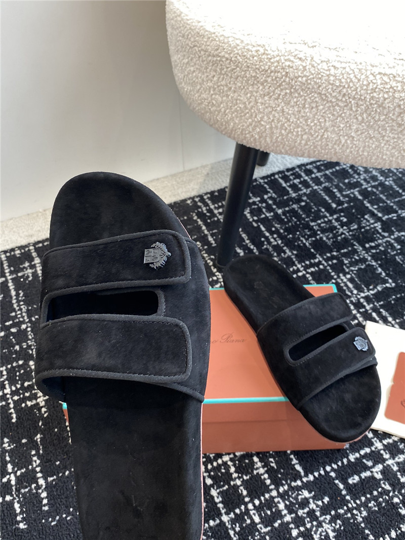 Loro Piana Waikiki Black Velcro Strap Sandals