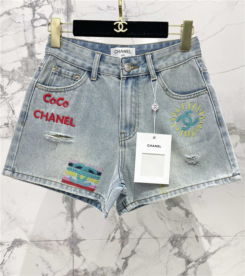 Ch**el two-tone embroidered ripped denim shorts replica clothes