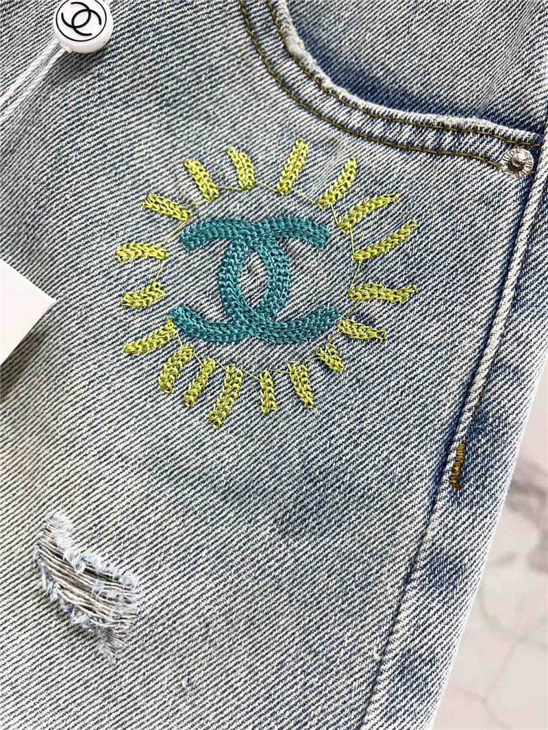 Ch**el two-tone embroidered ripped denim shorts replica clothes