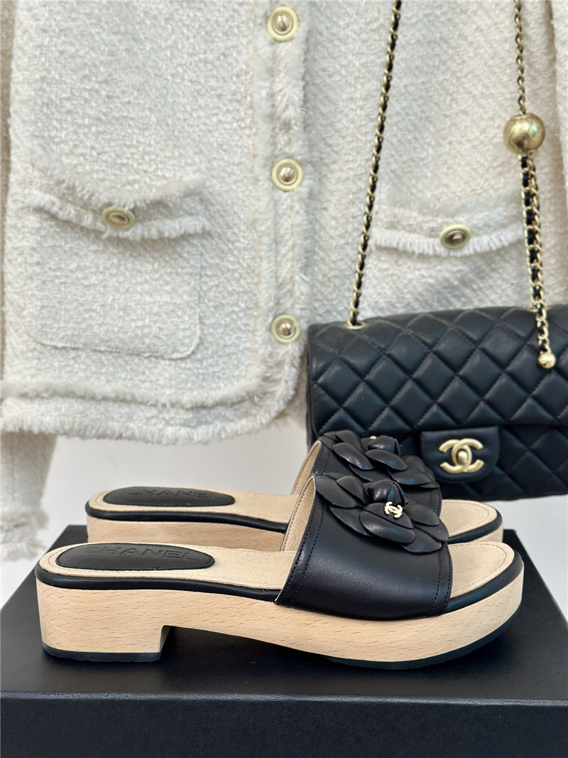 Ch**el platform camellia women’s slippers black