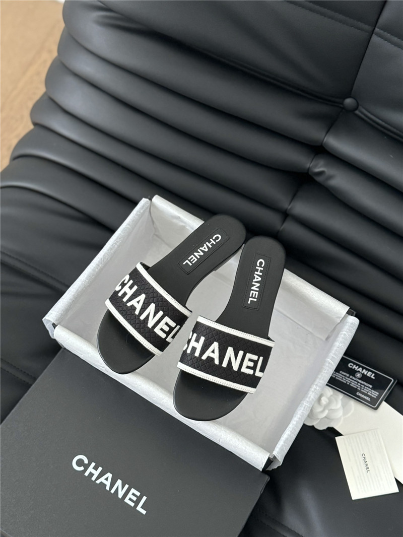 Ch**el woven embroidered logo letter slippers black white