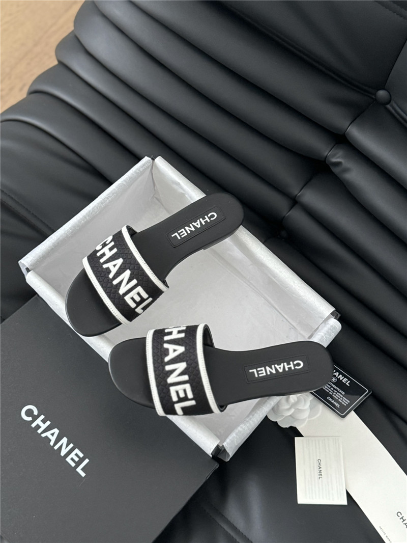 Ch**el woven embroidered logo letter slippers black white