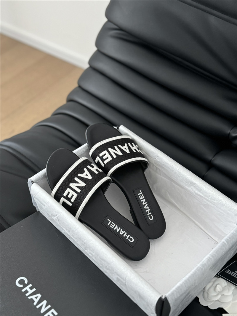 Ch**el woven embroidered logo letter slippers black white