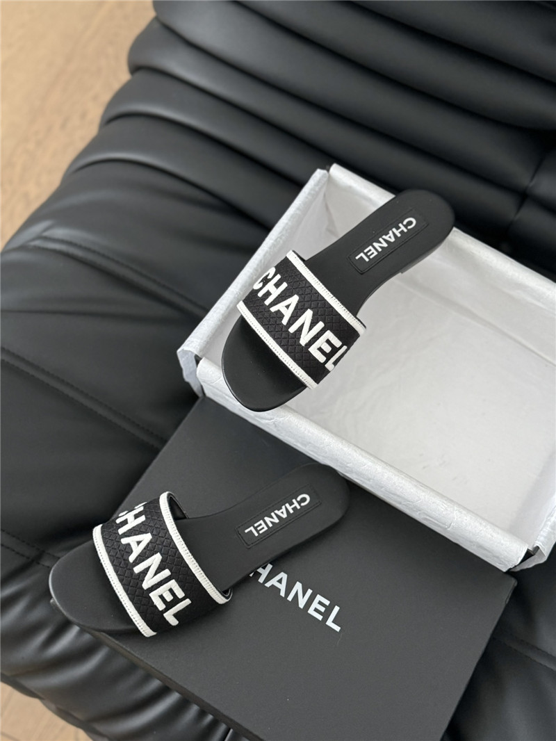 Ch**el woven embroidered logo letter slippers black white