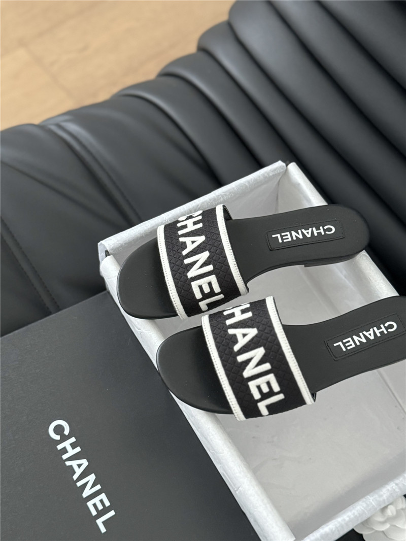 Ch**el woven embroidered logo letter slippers black white