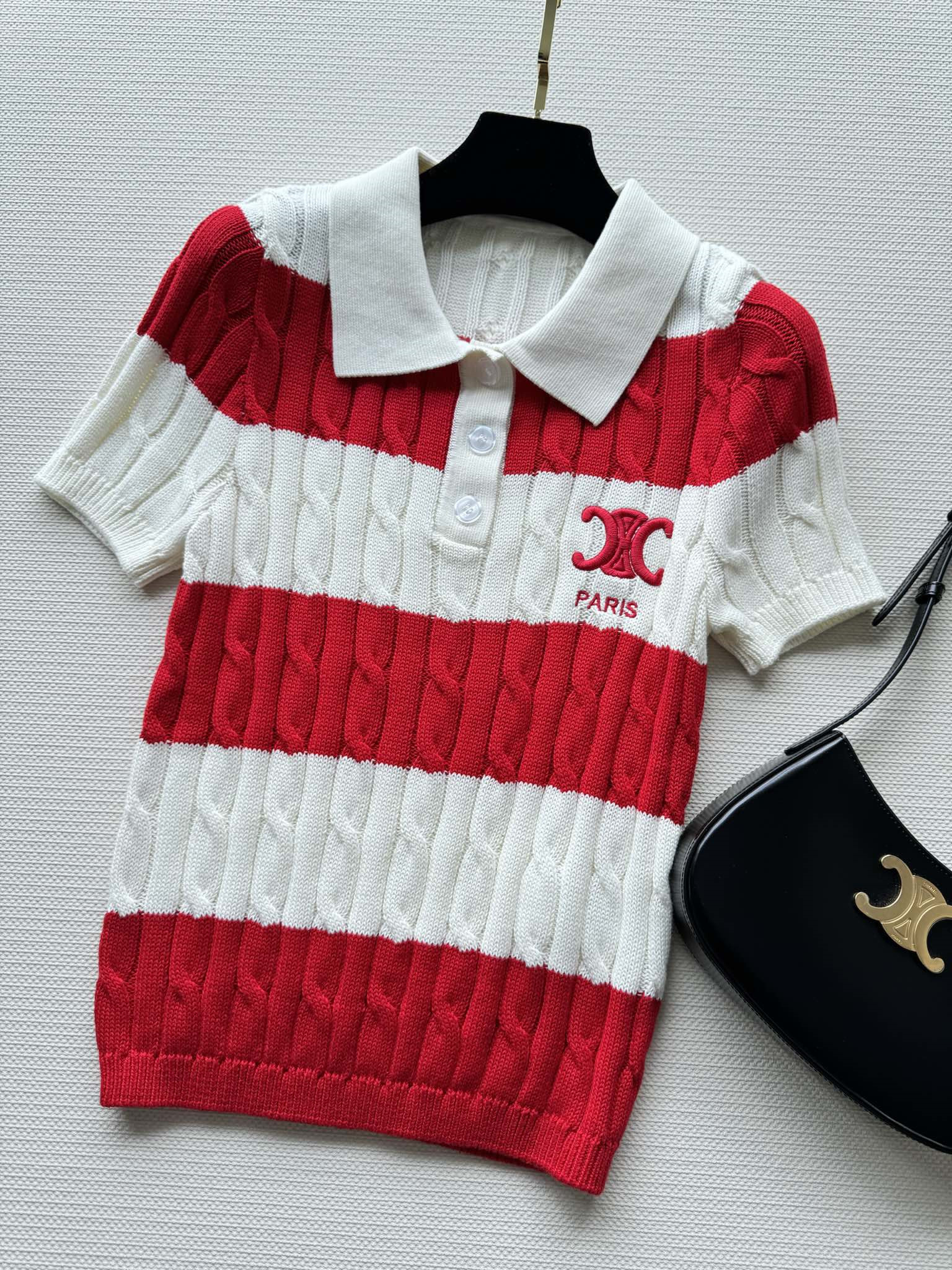 Ce1i*e striped cable-knit polo shirt red