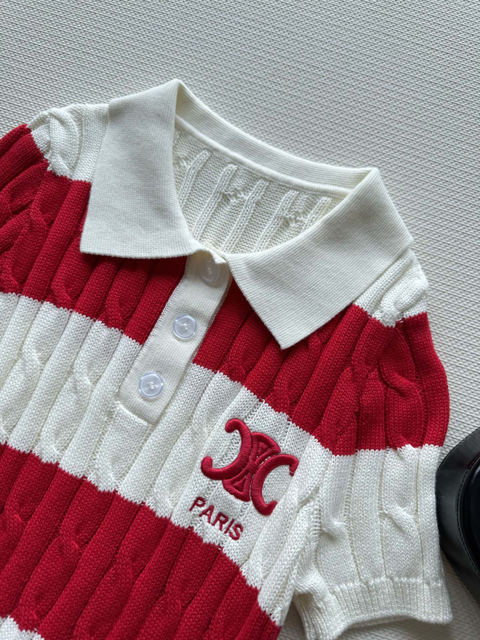 Ce1i*e striped cable-knit polo shirt red