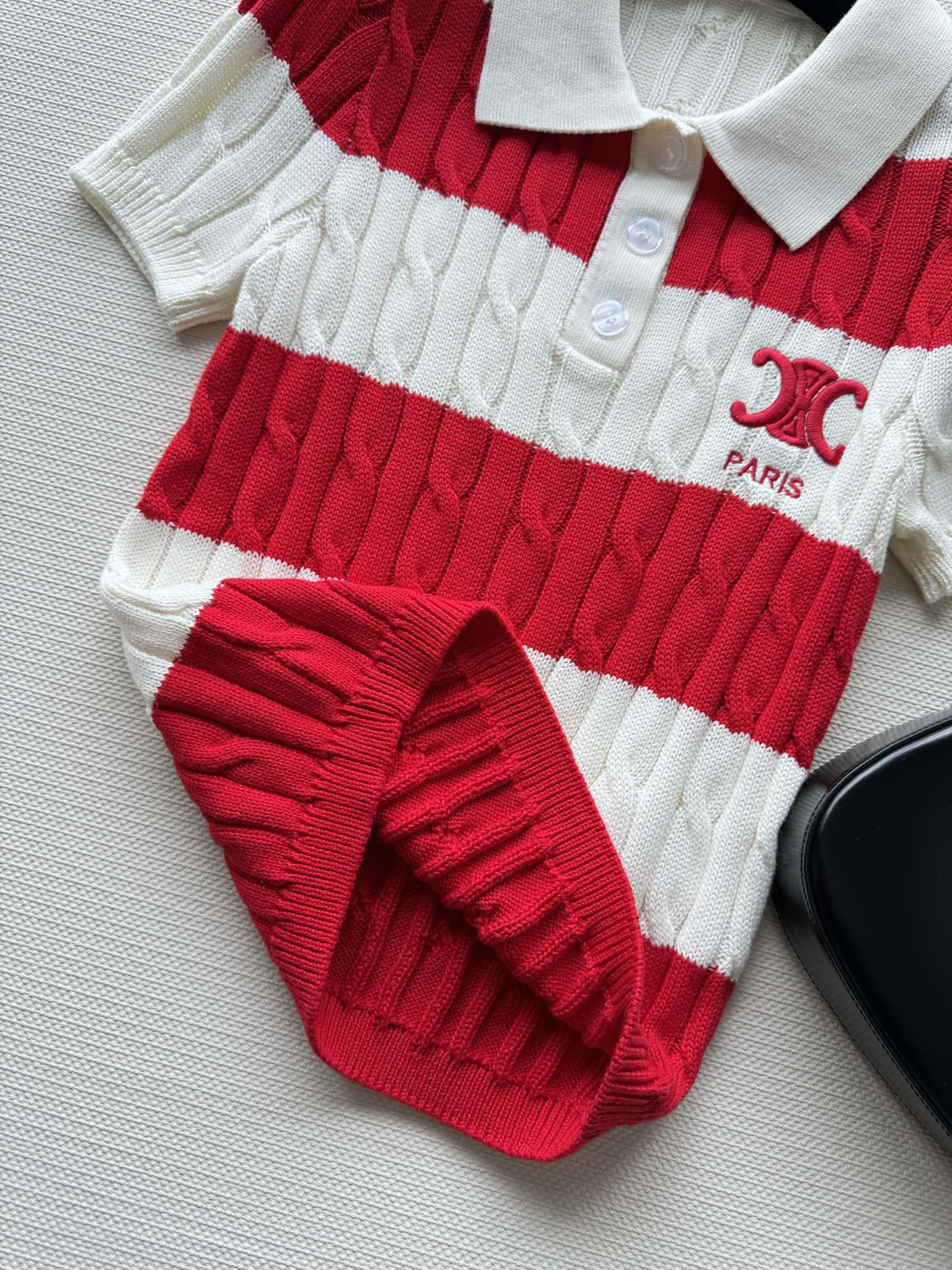 Ce1i*e striped cable-knit polo shirt red