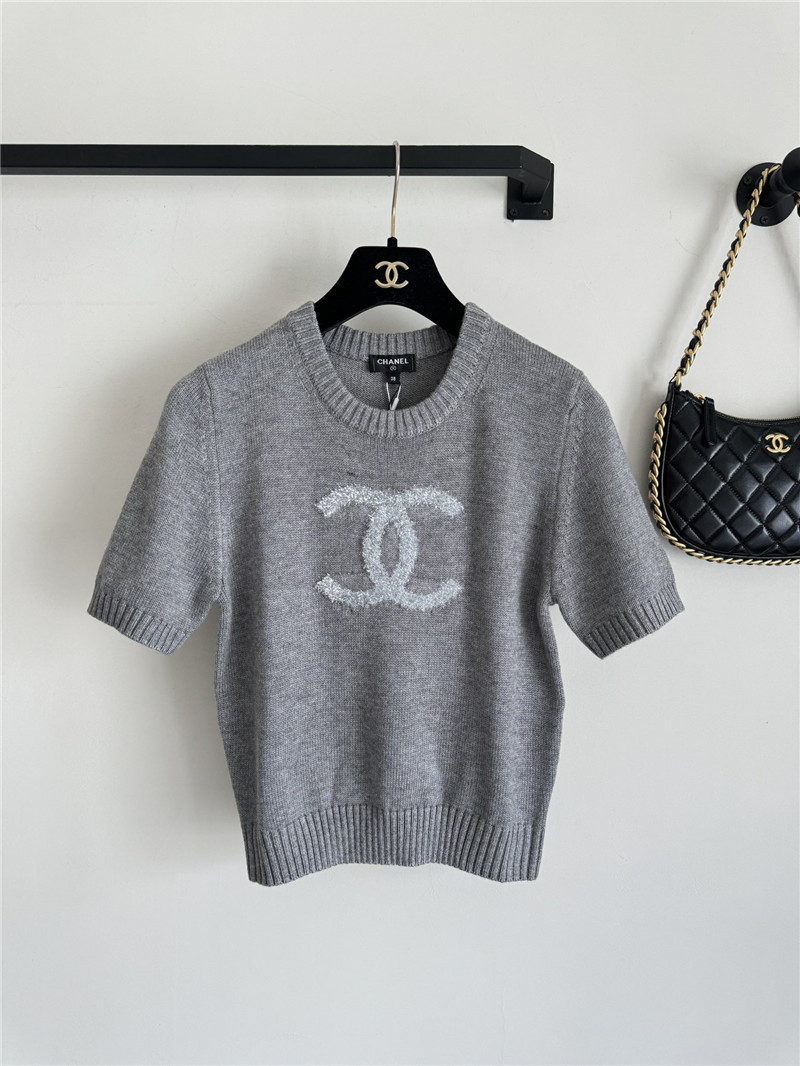 Ch**el logo jacquard knit t-shirt grey