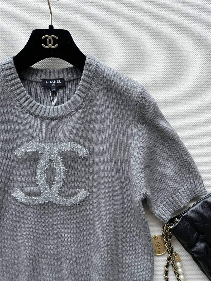 Ch**el logo jacquard knit t-shirt grey