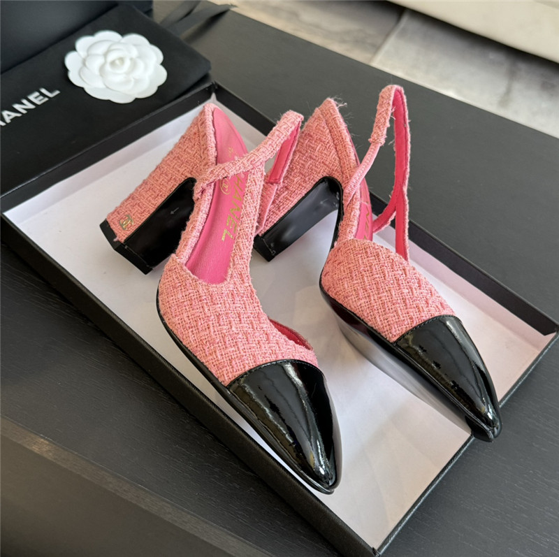 Ch**el slingback sandals in pink tweed and black patent
