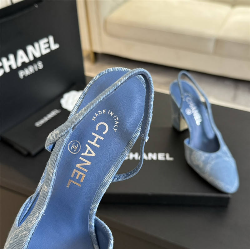 Ch**el slingback sandals in blue printed denim