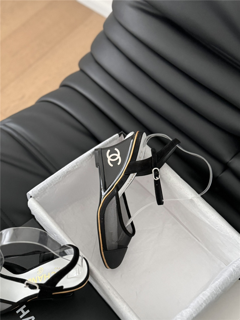 Ch**el black mesh cap-toe ankle wedge sandal