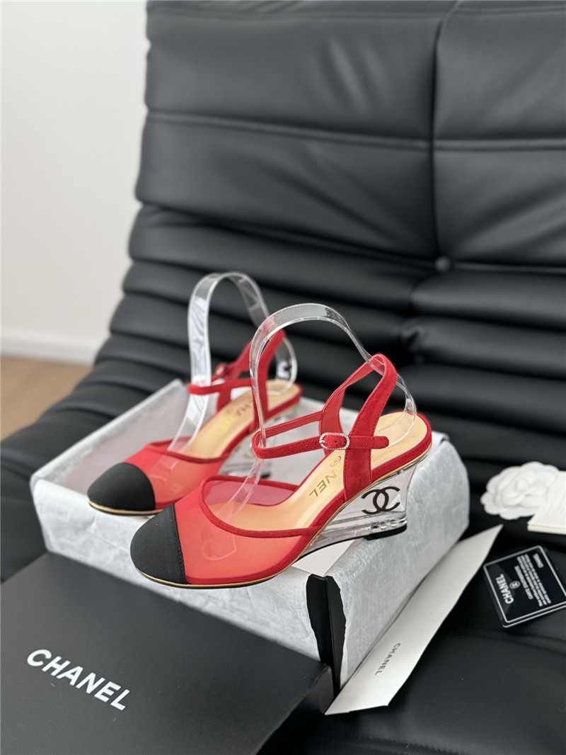 Ch**el red mesh cap-toe ankle wedge sandal