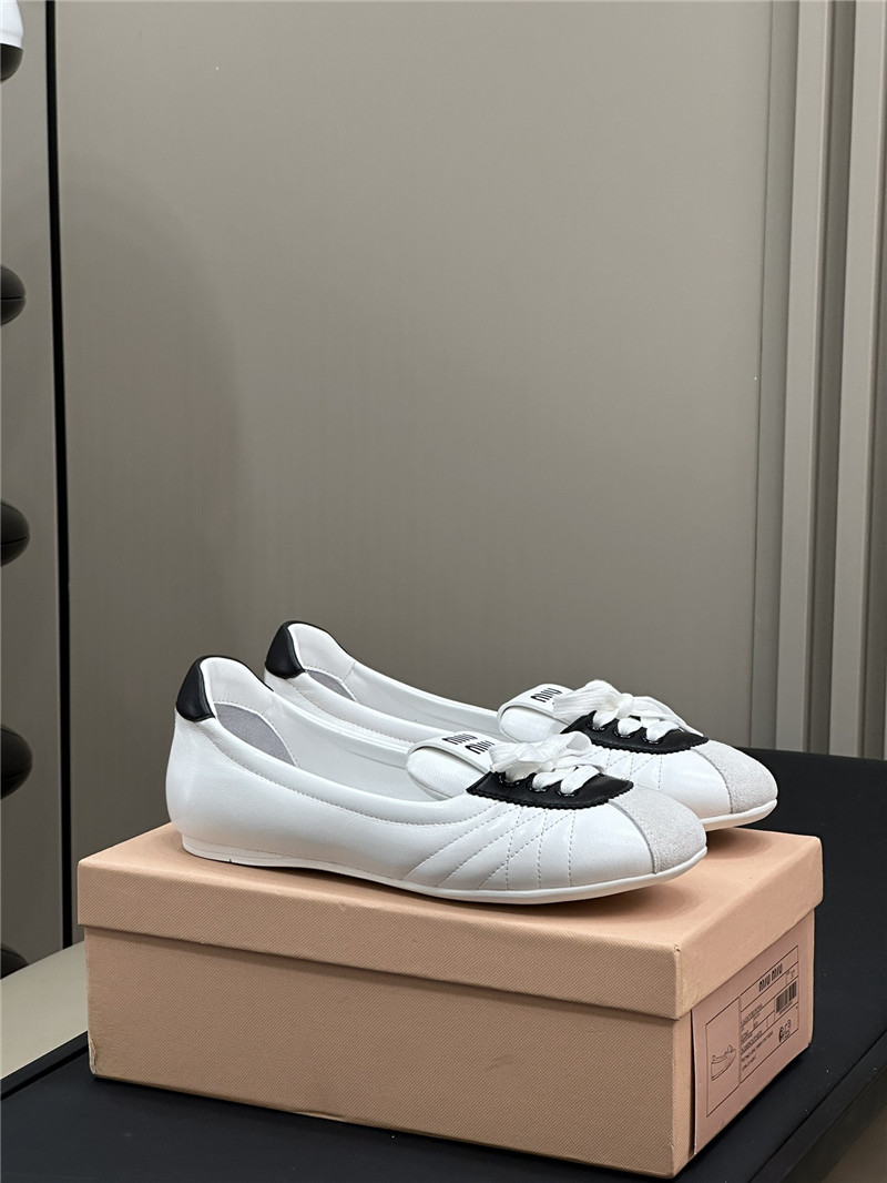 Miu Miu Lace-Up Leather Ballet Flats in White and Black