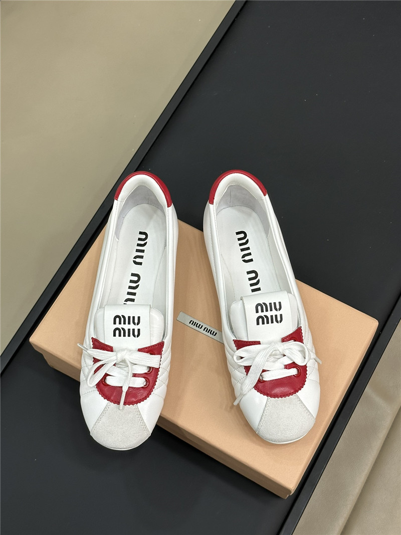 Miu Miu Lace-Up Leather Ballet Flats in White and Red