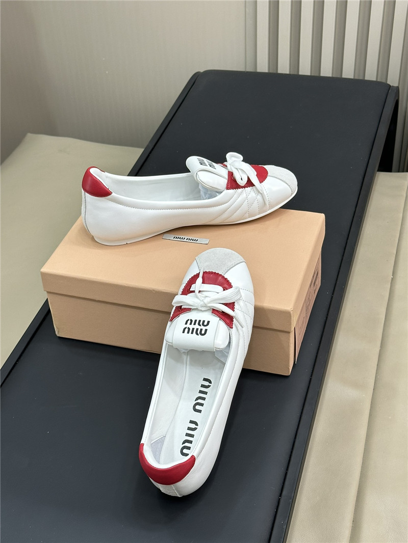 Miu Miu Lace-Up Leather Ballet Flats in White and Red
