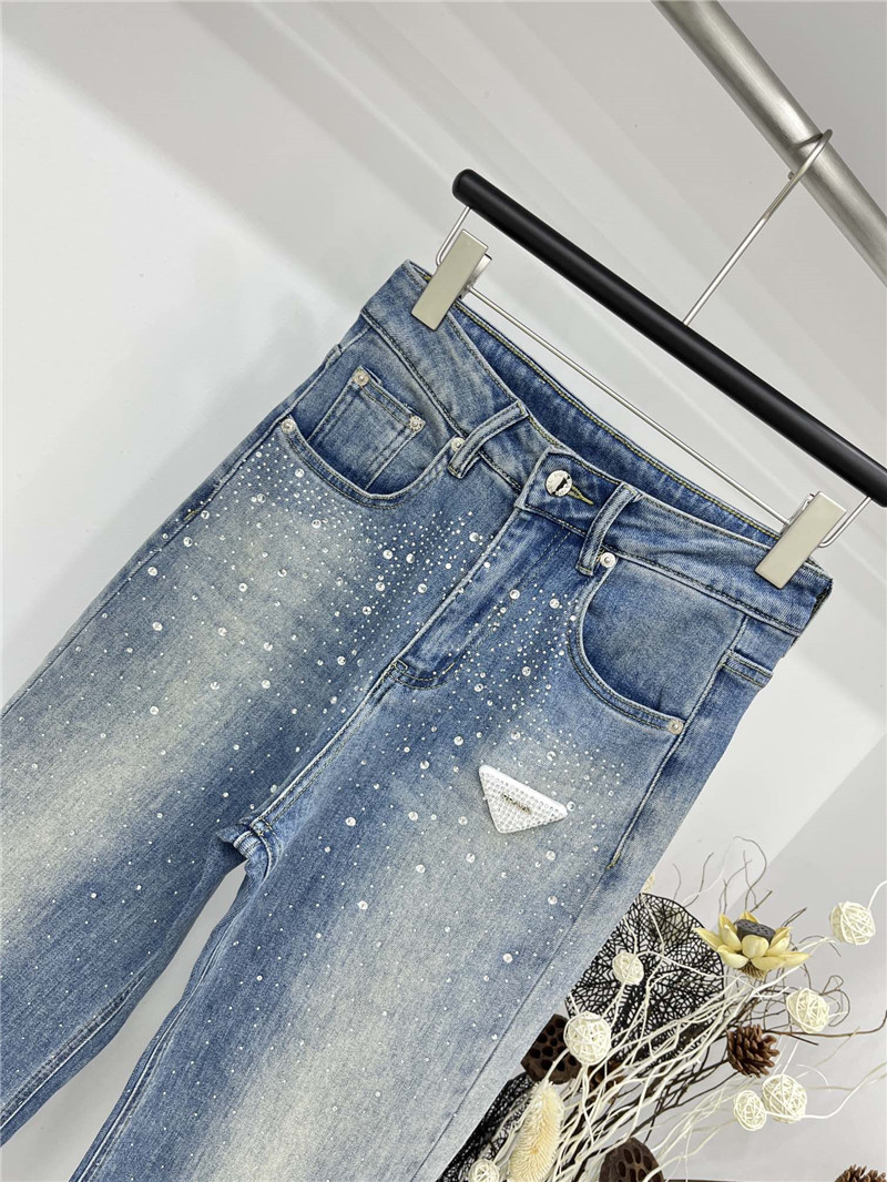 Pra*a classic rhinestone inverted triangle jeans replica clothing