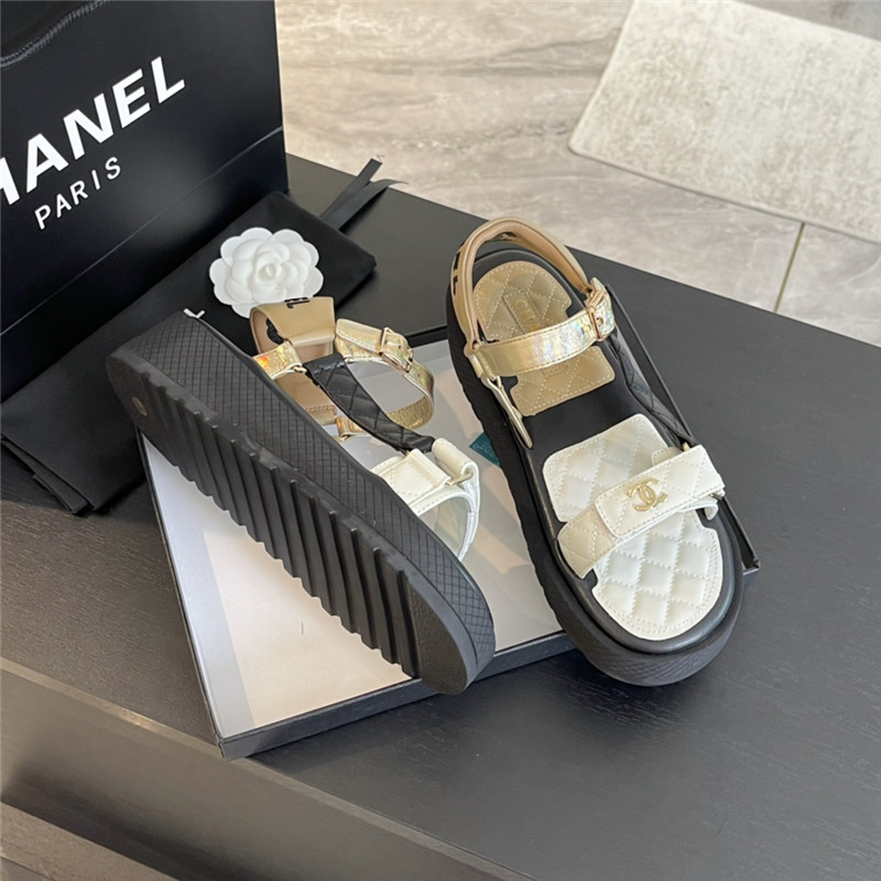 Ch**el quilted beach sandals black and beige leather