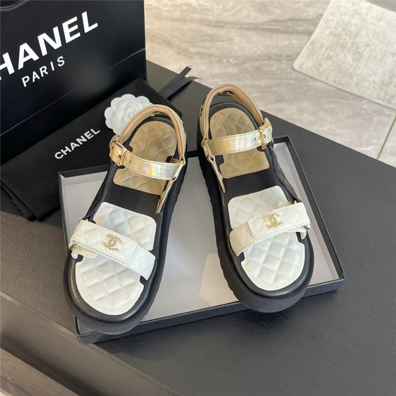 Ch**el quilted beach sandals black and beige leather