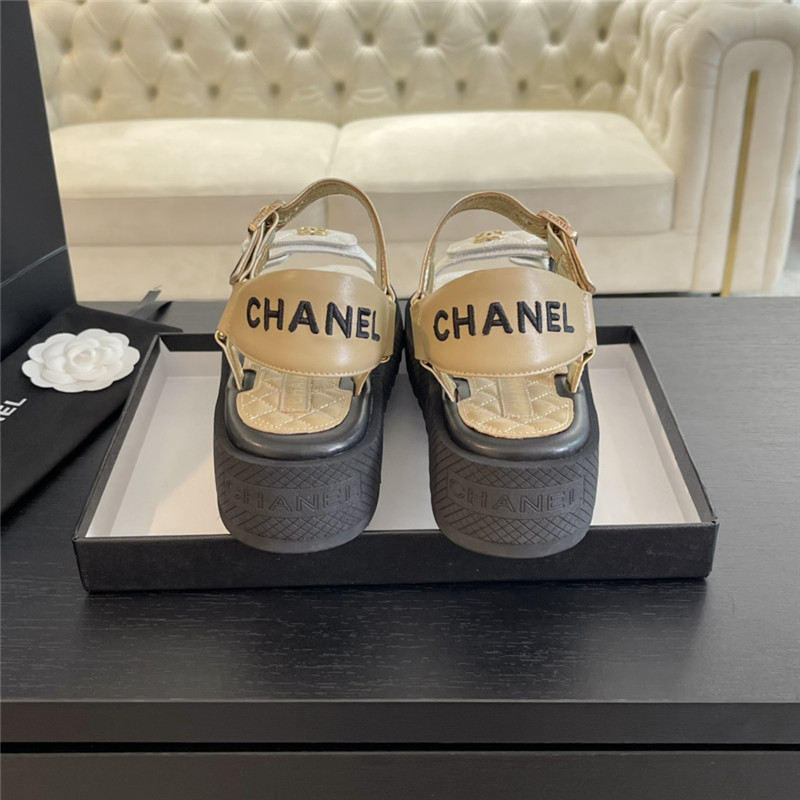 Ch**el quilted beach sandals black and beige leather