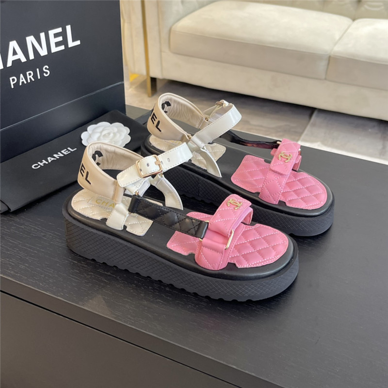 Ch**el quilted beach sandals black and pink leather