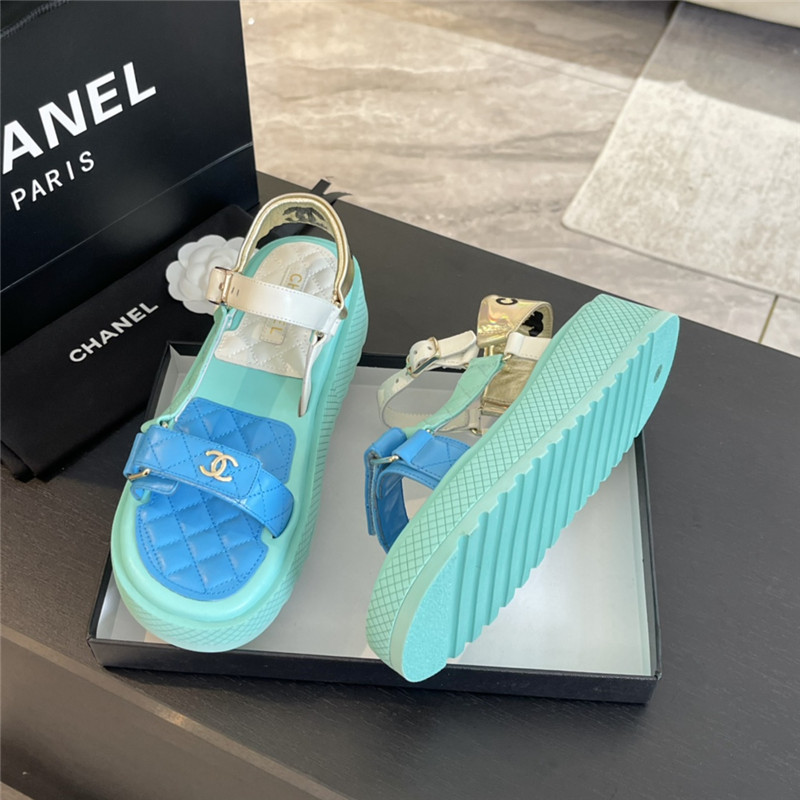 Ch**el quilted beach sandals green and blue leather