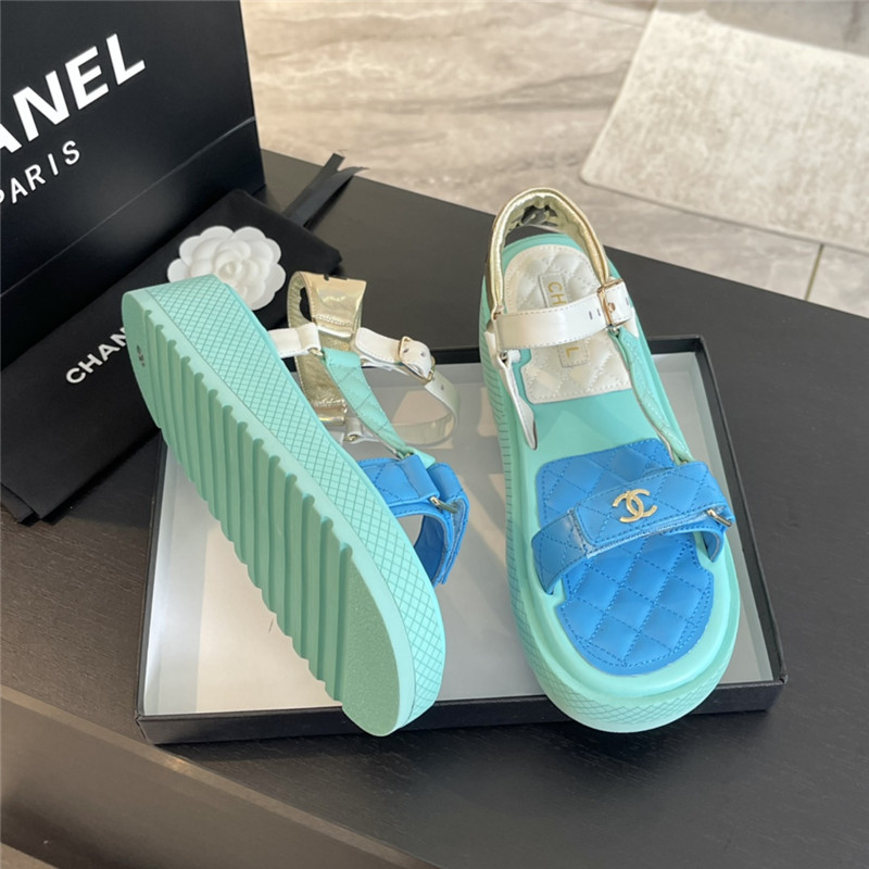 Ch**el quilted beach sandals green and blue leather