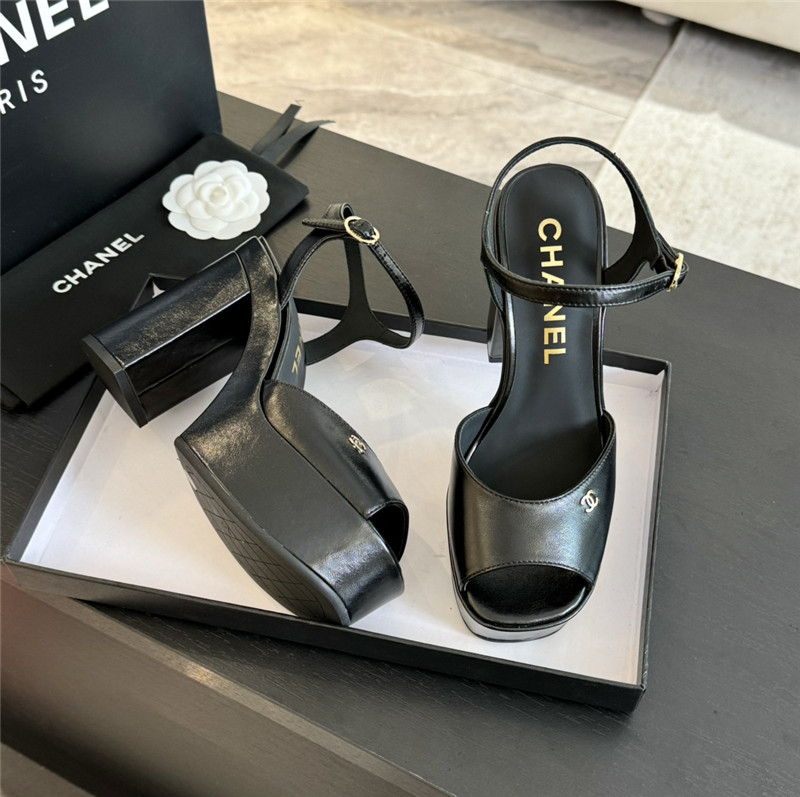 ch**el black calfskin S*per heel platform sandals