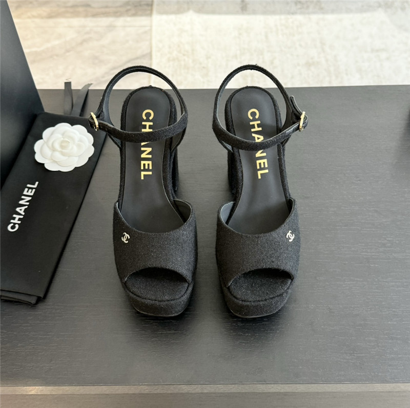 Ch**el black wool wedge platform sandals