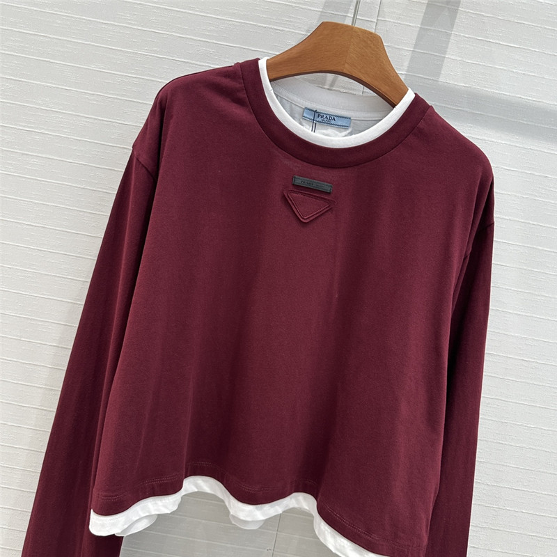 Pra*a contrast color patchwork long sleeve t replicas clothes