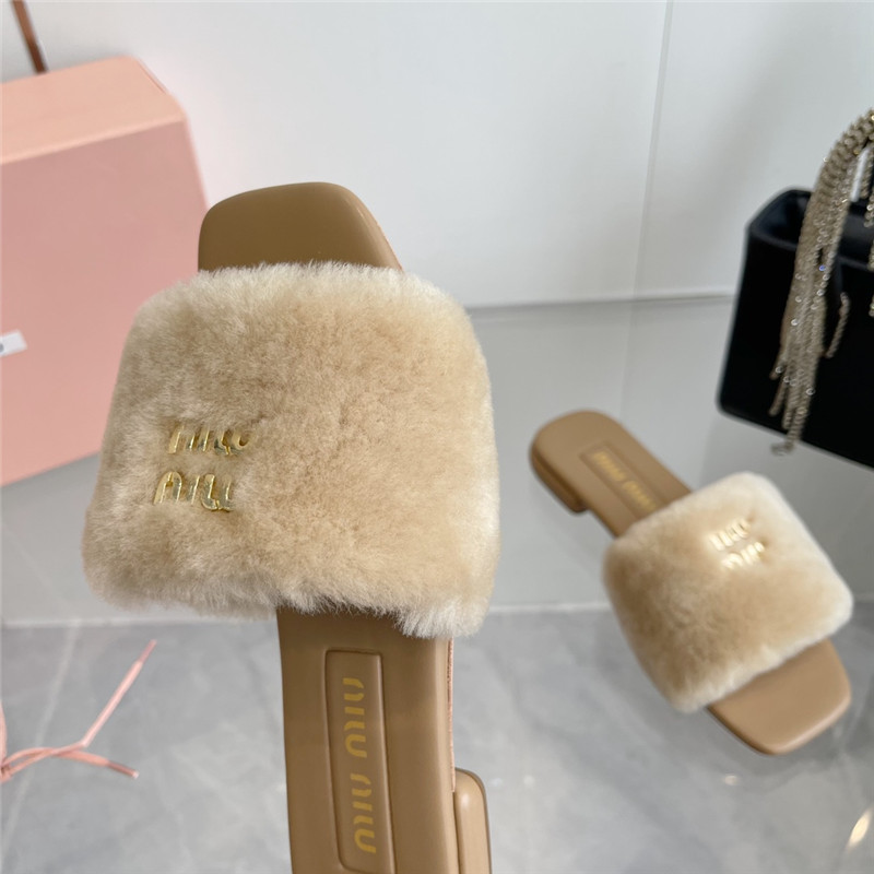 Miu Miu Beige Matelassé Fur Slides with Metal Lettering