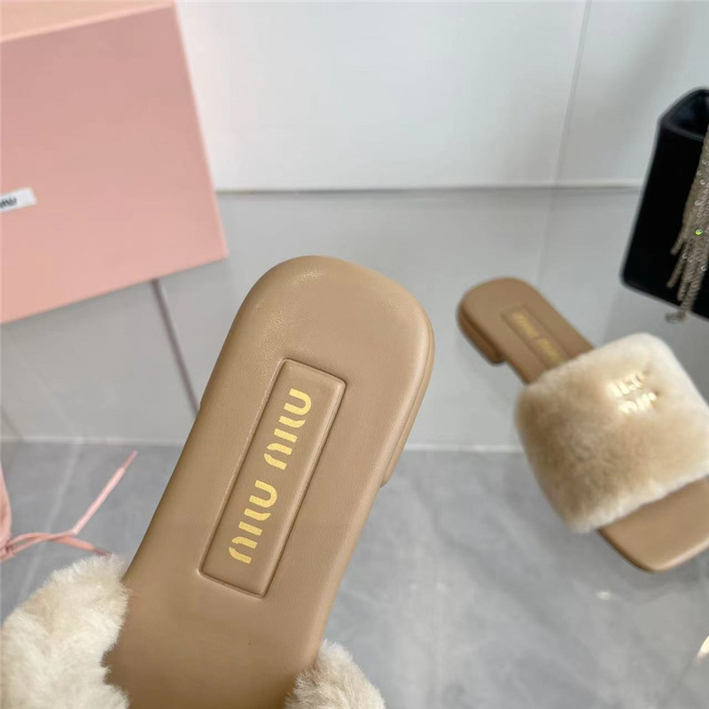 Miu Miu Beige Matelassé Fur Slides with Metal Lettering