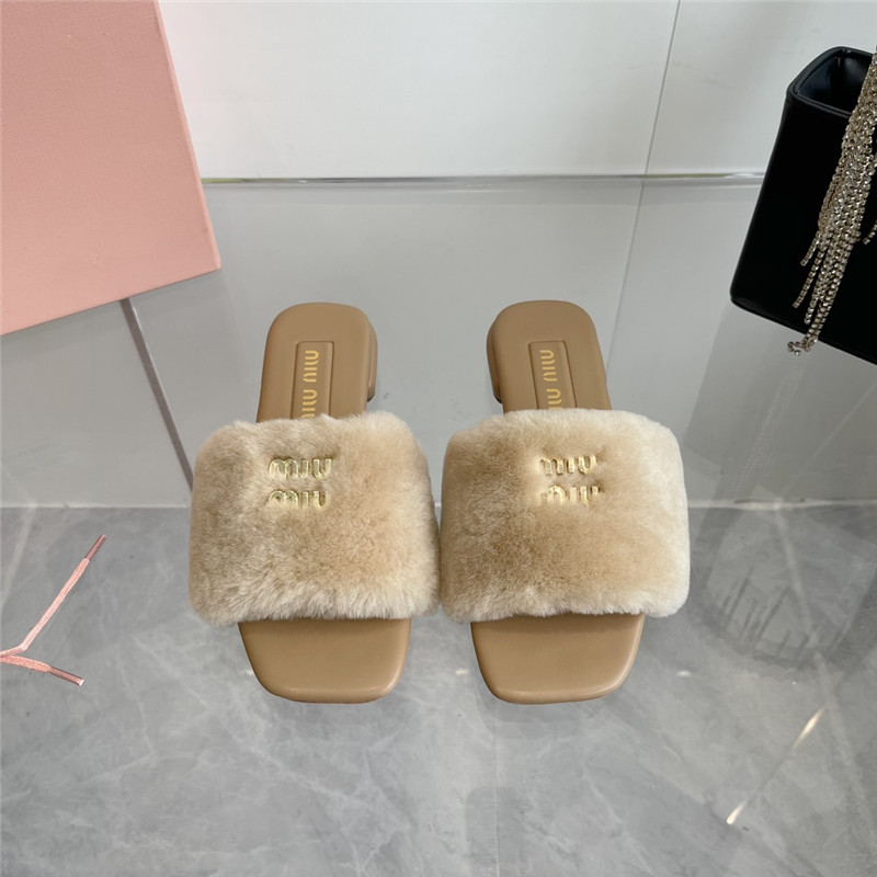 Miu Miu Beige Matelassé Fur Slides with Metal Lettering