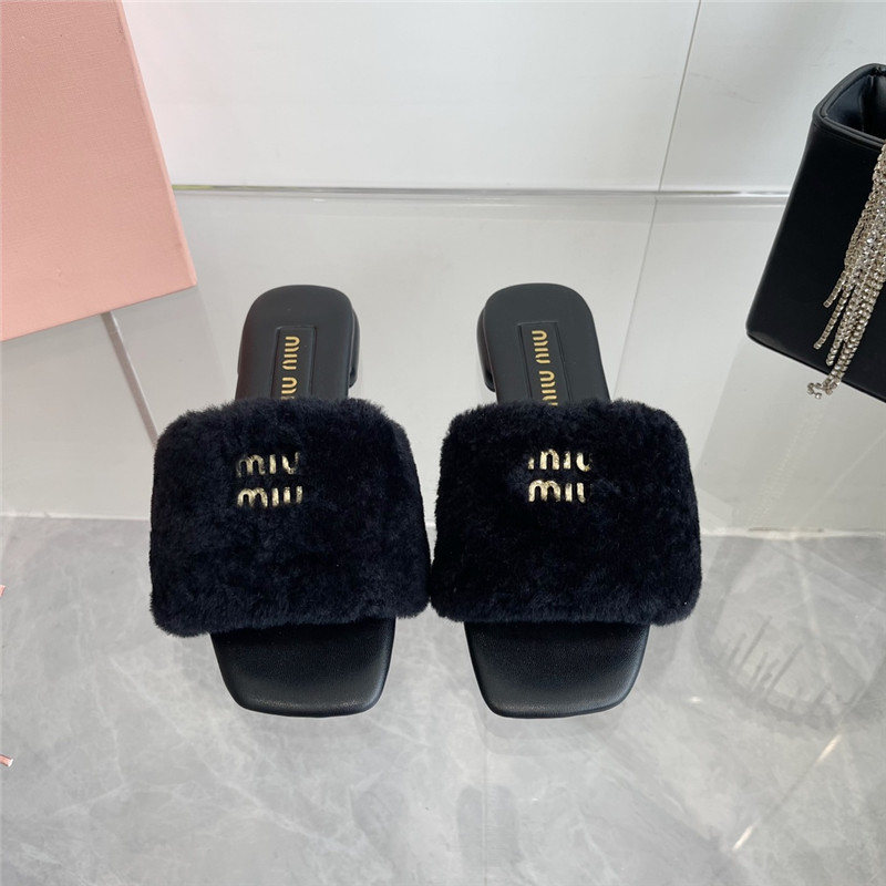 Miu Miu Black Matelassé Fur Slides with Metal Lettering