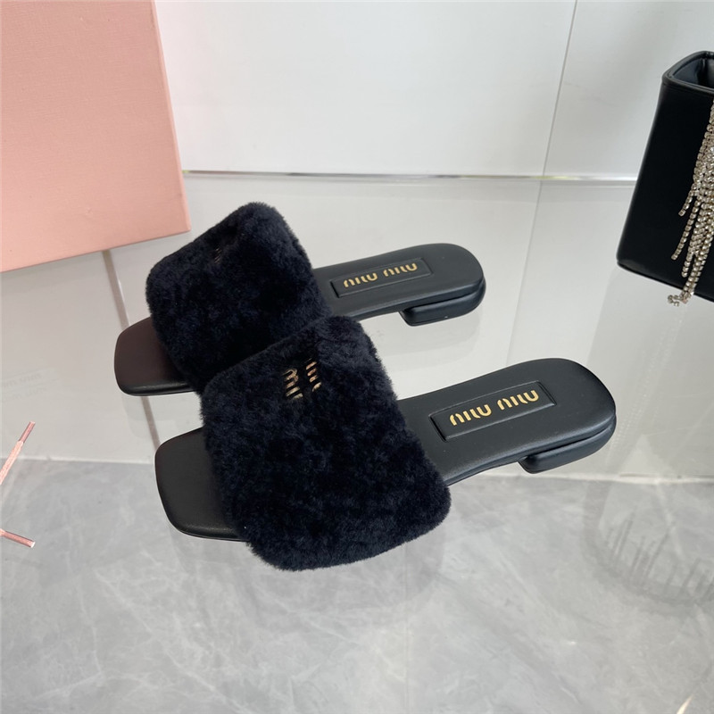 Miu Miu Black Matelassé Fur Slides with Metal Lettering