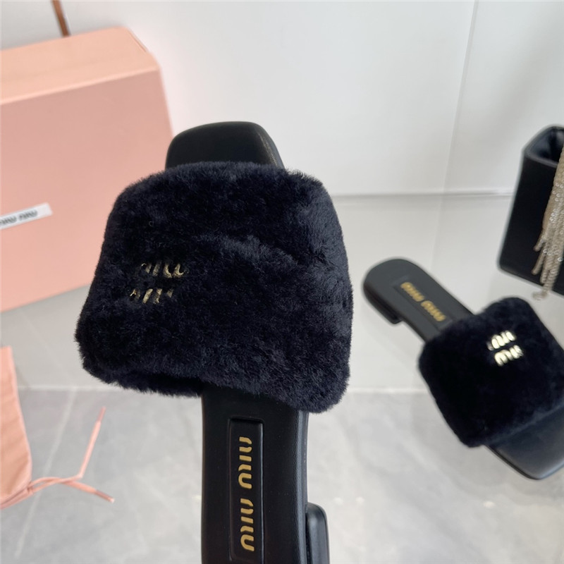 Miu Miu Black Matelassé Fur Slides with Metal Lettering