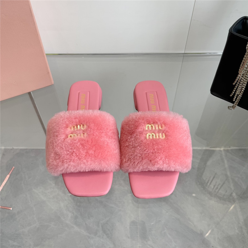 Miu Miu Pink Matelassé Fur Slides with Metal Lettering