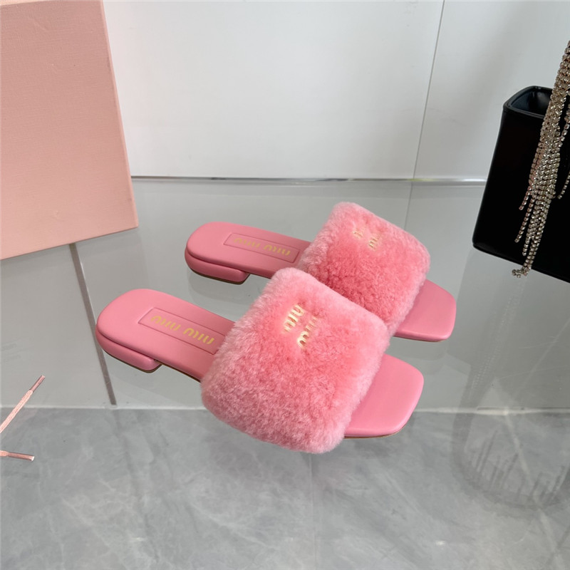 Miu Miu Pink Matelassé Fur Slides with Metal Lettering