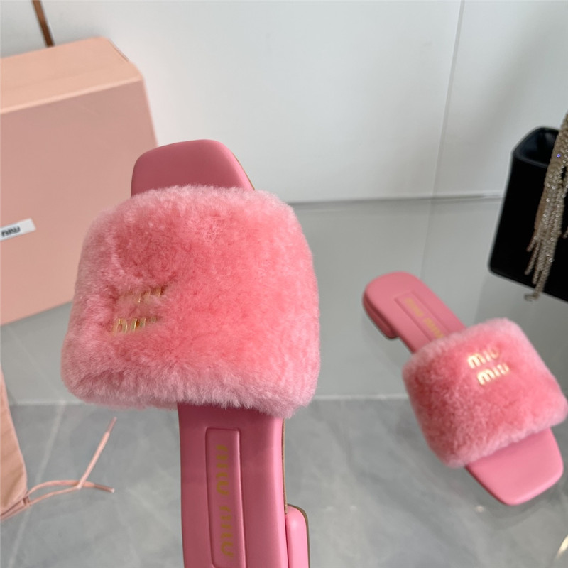 Miu Miu Pink Matelassé Fur Slides with Metal Lettering