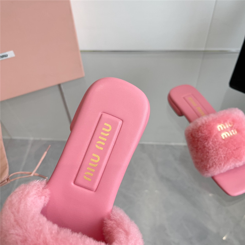 Miu Miu Pink Matelassé Fur Slides with Metal Lettering