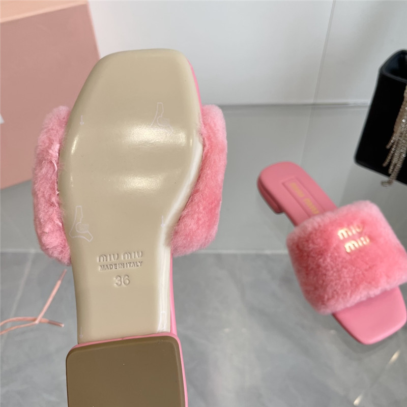 Miu Miu Pink Matelassé Fur Slides with Metal Lettering