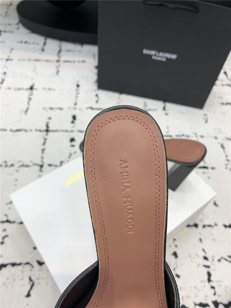 Amina Muaddi Brigitte Black Leather Block Heel Slippers