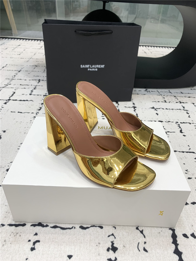 Amina Muaddi Brigitte Gold Mirror Block Heel Slippers