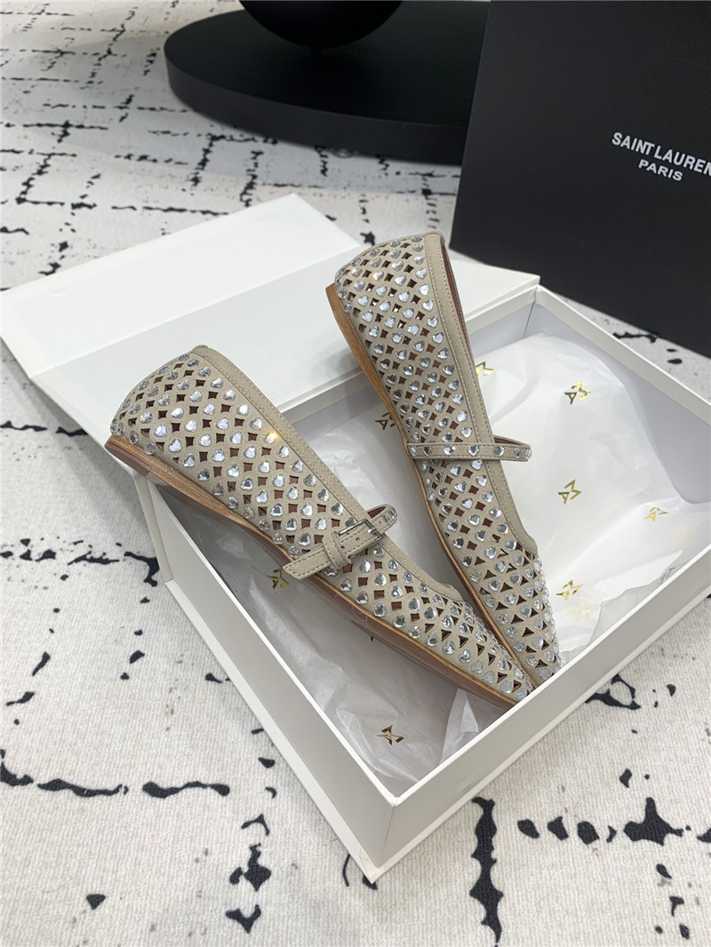 Amina Muaddi ANE Crystal Heart Flats Grey