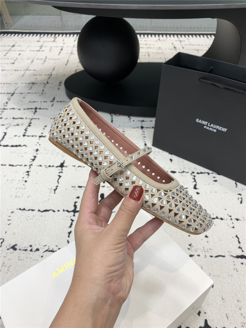 Amina Muaddi ANE Crystal Heart Flats Grey