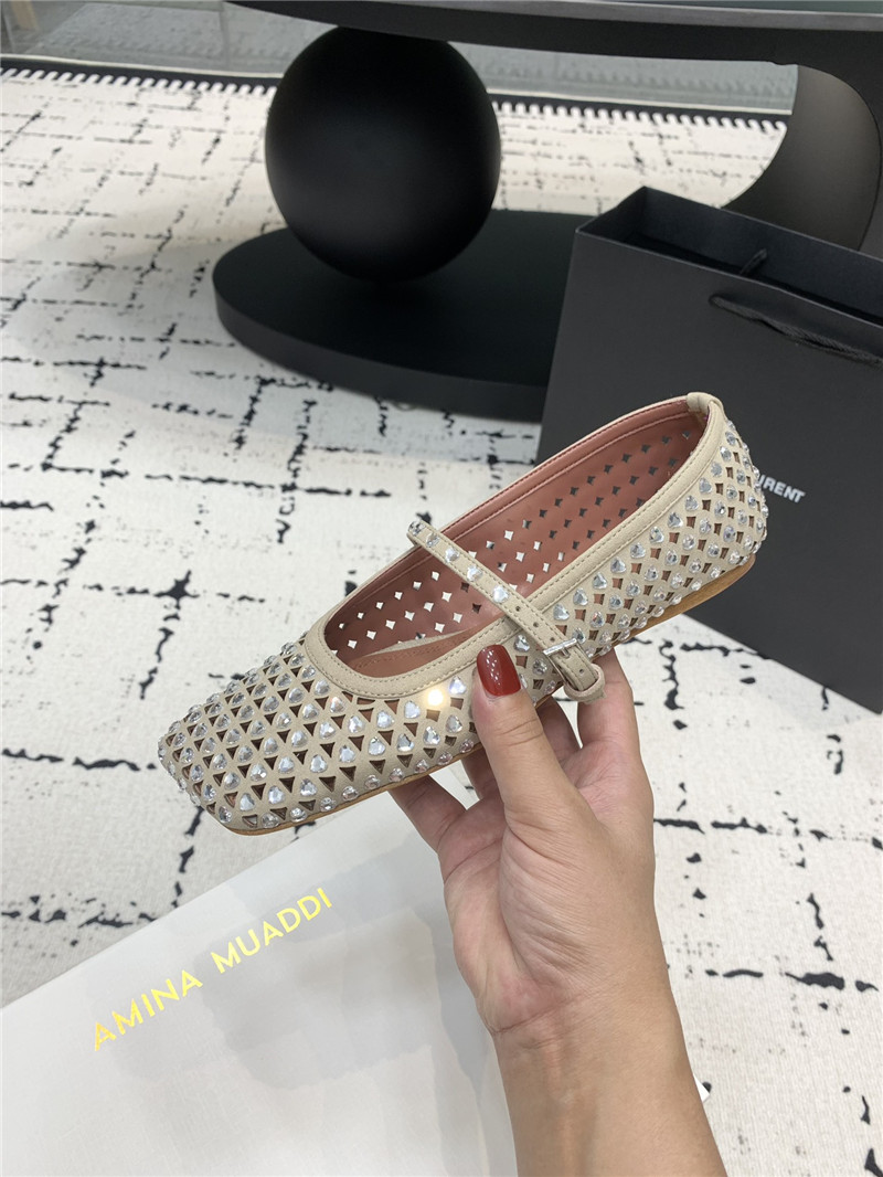 Amina Muaddi ANE Crystal Heart Flats Grey