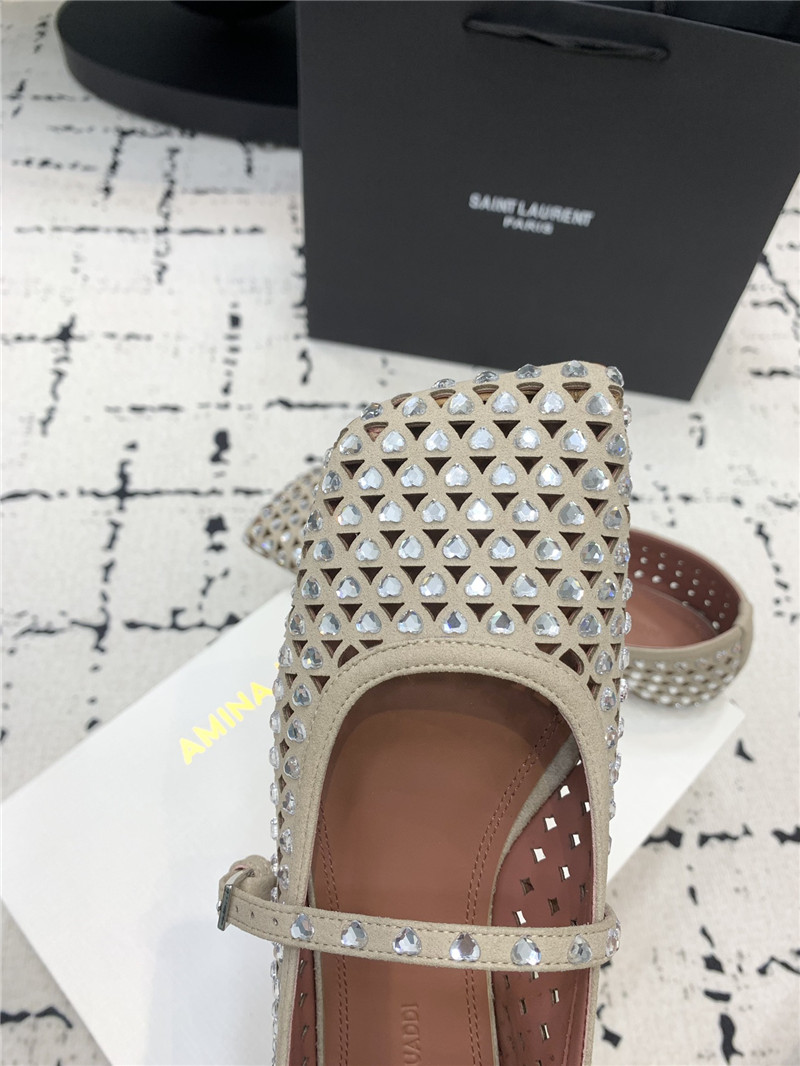 Amina Muaddi ANE Crystal Heart Flats Grey