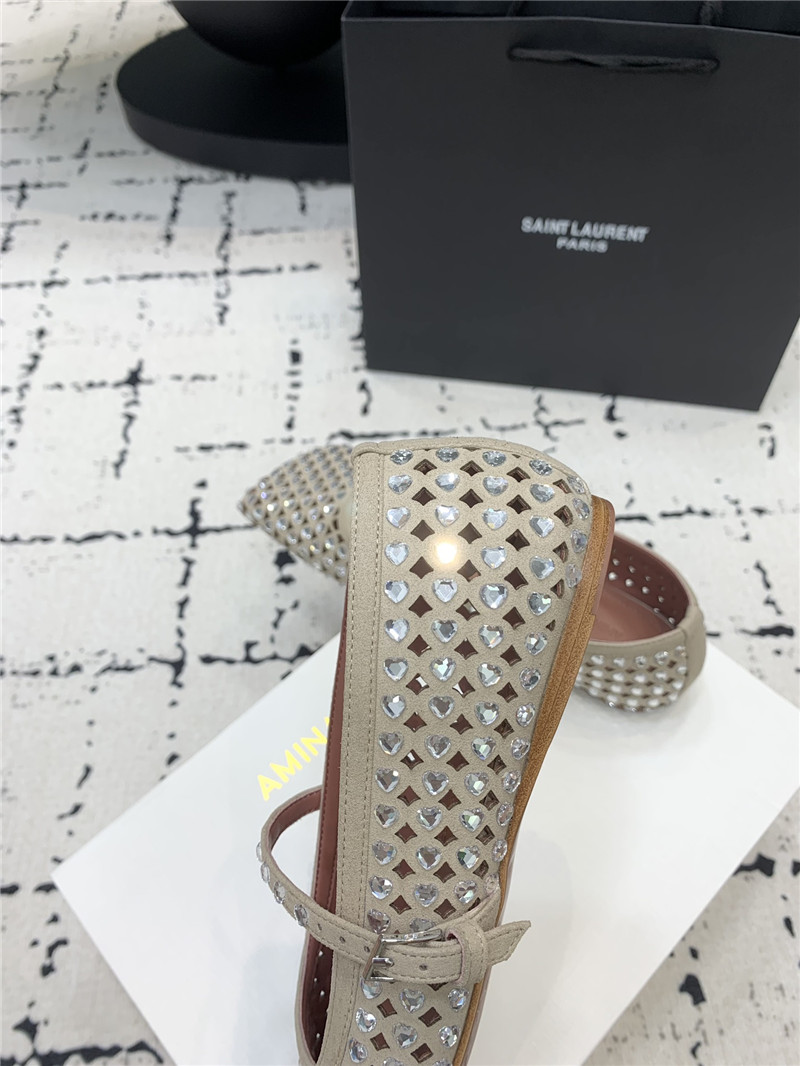 Amina Muaddi ANE Crystal Heart Flats Grey